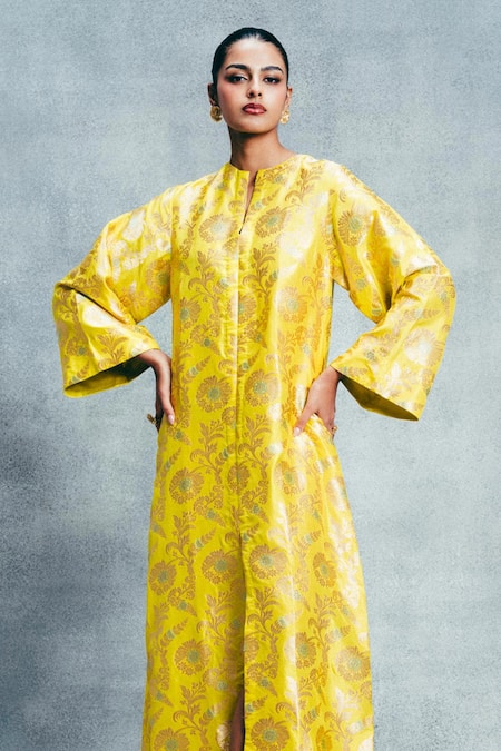 Ekaya Banaras_Yellow Satin Zari, Embroidery Split V-neck Banarasi Kadhwa Handwoven Kaftan _Online_at_Aza_Fashions
