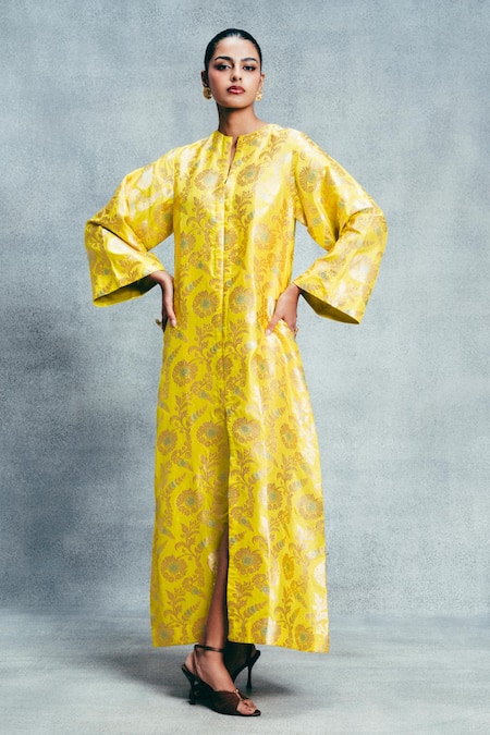 Buy_Ekaya Banaras_Yellow Satin Zari, Embroidery Split V-neck Banarasi Kadhwa Handwoven Kaftan _Online_at_Aza_Fashions