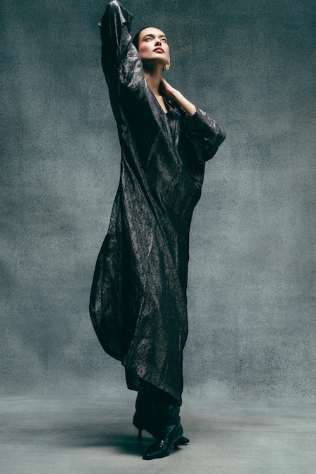 Ekaya Banaras_Black Tissue V-neck Handwoven Banarasi Emboss Kaftan _Online_at_Aza_Fashions