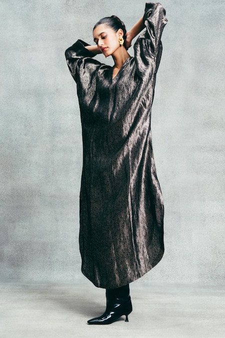 Buy_Ekaya Banaras_Black Tissue V-neck Handwoven Banarasi Emboss Kaftan _Online_at_Aza_Fashions