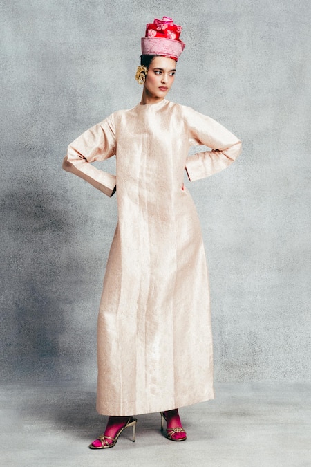 Shop_Ekaya Banaras_Gold Satin High Neck Banarasi Emboss Silk Kaftan _Online_at_Aza_Fashions