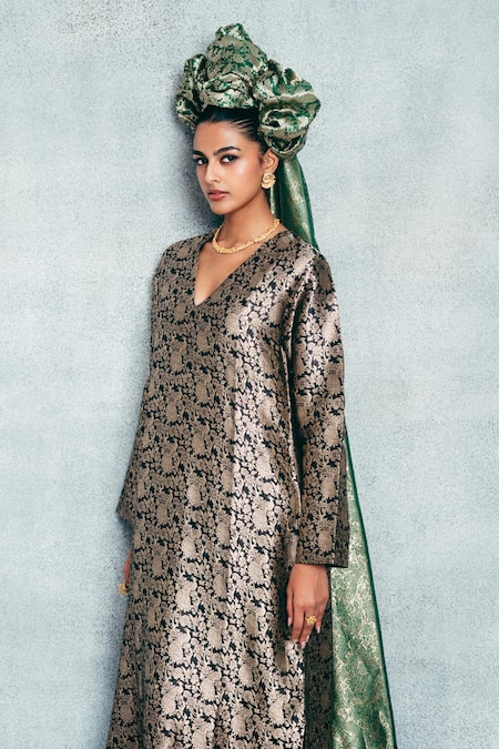 Ekaya Banaras_Black Satin Embroidery, Zari V-neck Banarasi Emboss Handwoven Kaftan _Online_at_Aza_Fashions