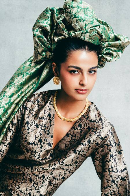 Buy_Ekaya Banaras_Black Satin Embroidery, Zari V-neck Banarasi Emboss Handwoven Kaftan _Online_at_Aza_Fashions