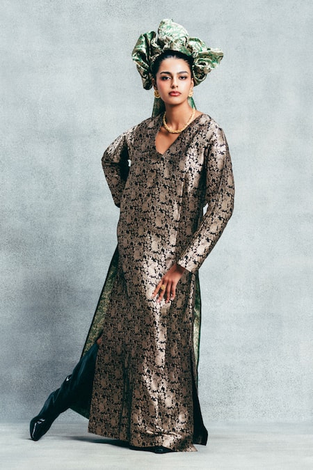 Shop_Ekaya Banaras_Black Satin Embroidery, Zari V-neck Banarasi Emboss Handwoven Kaftan _Online_at_Aza_Fashions