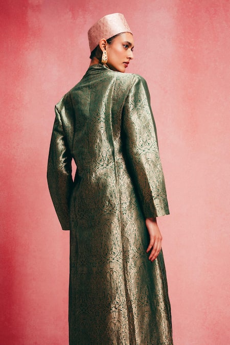 Ekaya Banaras_Emerald Green Silk Embroidery V-neck Banarasi Emboss Kaftan With Side Slit _Online_at_Aza_Fashions
