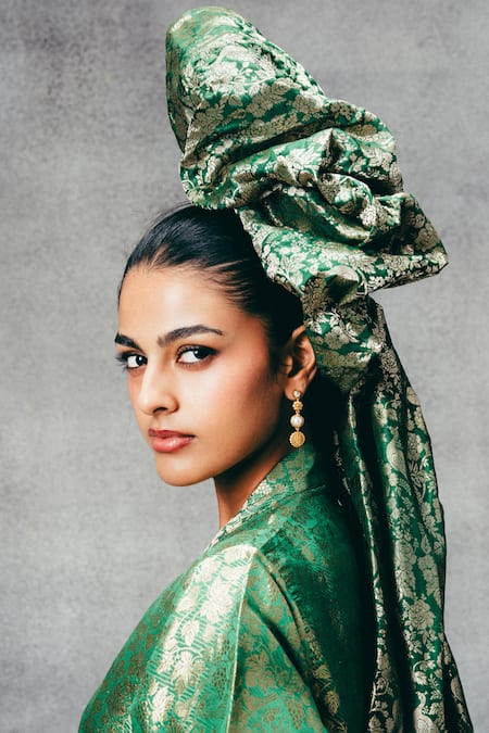 Ekaya Banaras_Green Silk V-neck Handwoven Banarasi Emboss Kaftan _Online_at_Aza_Fashions