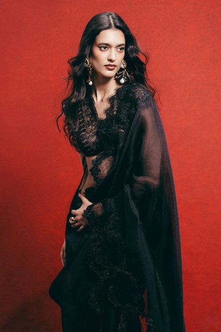 Ekaya Banaras_Black Embroidery Handwoven Banarasi Saree With Running Blouse _Online_at_Aza_Fashions