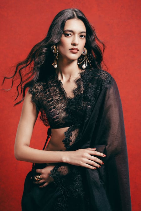 Buy_Ekaya Banaras_Black Embroidery Handwoven Banarasi Saree With Running Blouse _Online_at_Aza_Fashions