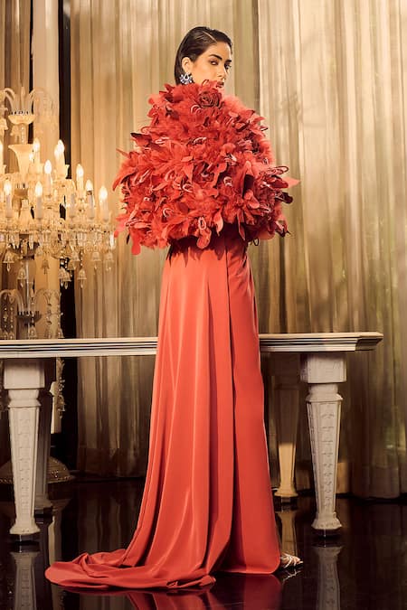 Supria Munjal Halter Neck Ruched Gown With Cape 