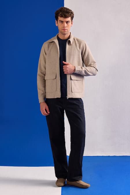 Zazu Beige Wool Zip Front Jacket at Aza Fashions Zazu_Beige Wool Zip Front Jacket _at_Aza_Fashions