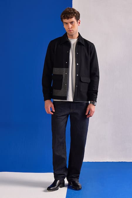 Zazu Black Wool Herringbone Textured Jacket at Aza Fashions Zazu_Black Wool Herringbone Textured Jacket _at_Aza_Fashions