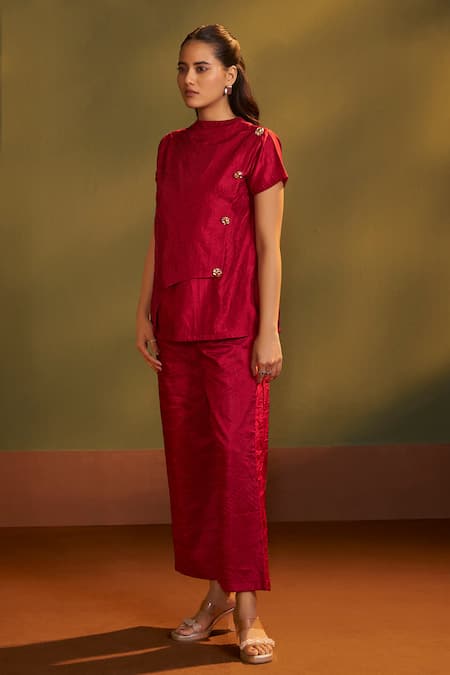 Buy_Savaaya_Red Viscose High Neck Asymmetric Button Top And Pant Set _Online_at_Aza_Fashions