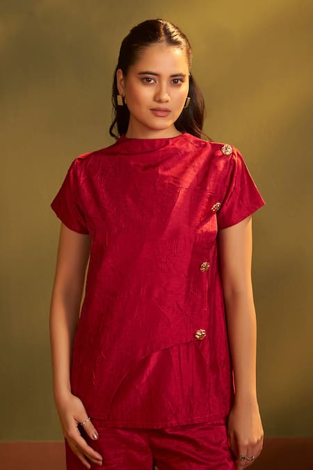 Shop_Savaaya_Red Viscose High Neck Asymmetric Button Top And Pant Set _Online_at_Aza_Fashions