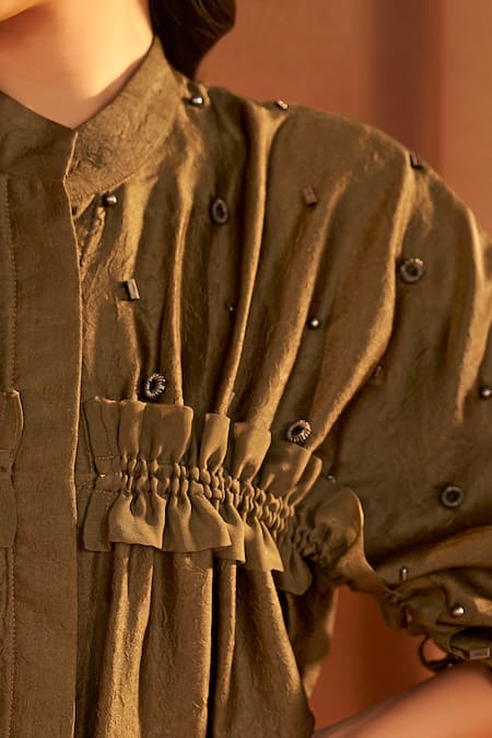 Savaaya Silk Beads, Studs Collared Handwork Textured Midi Dress Online at Aza Fashions Savaaya_Silk Beads, Studs Collared Handwork Textured Midi Dress_Online_at_Aza_Fashions