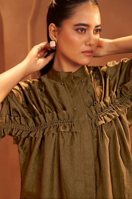 Buy Savaaya Silk Beads, Studs Collared Handwork Textured Midi Dress Online at Aza Fashions Buy_Savaaya_Silk Beads, Studs Collared Handwork Textured Midi Dress_Online_at_Aza_Fashions