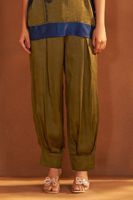 Savaaya_Olive Green Silk Boat Neck Textured Blend Top And Pant Set_Online_at_Aza_Fashions