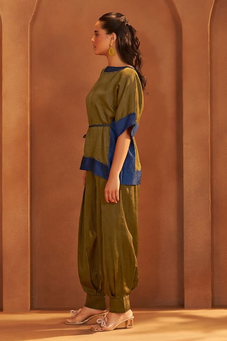 Buy_Savaaya_Olive Green Silk Boat Neck Textured Blend Top And Pant Set_Online_at_Aza_Fashions