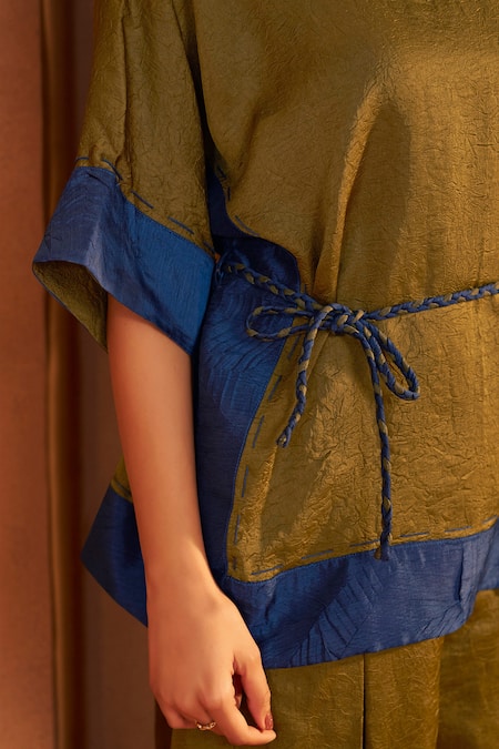 Shop_Savaaya_Olive Green Silk Boat Neck Textured Blend Top And Pant Set_Online_at_Aza_Fashions