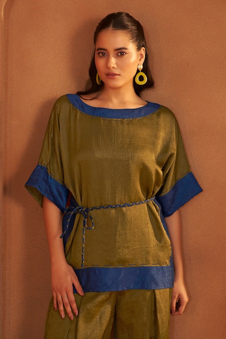 Savaaya_Olive Green Silk Boat Neck Textured Blend Top And Pant Set_at_Aza_Fashions