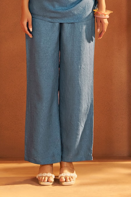 Savaaya_Blue Silk Embroidery Round Neck Textured Blend Handwork Top And Pant Set_Online_at_Aza_Fashions