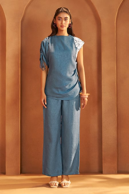 Savaaya Textured Silk Blend Handwork Top & Pant Set 