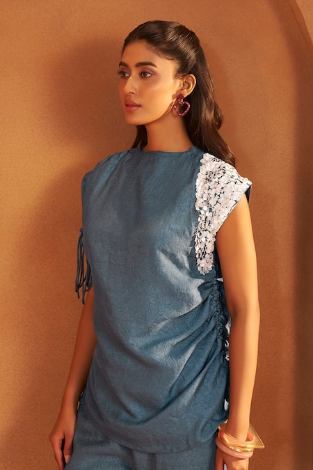Buy_Savaaya_Blue Silk Embroidery Round Neck Textured Blend Handwork Top And Pant Set_Online_at_Aza_Fashions