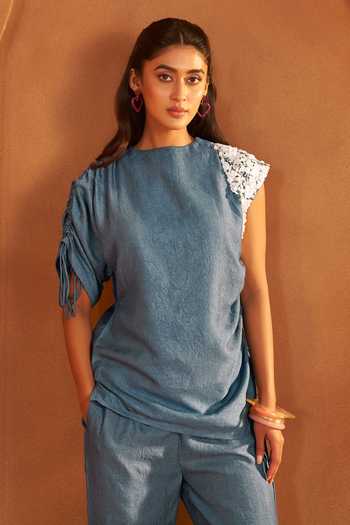Savaaya_Blue Silk Embroidery Round Neck Textured Blend Handwork Top And Pant Set_at_Aza_Fashions