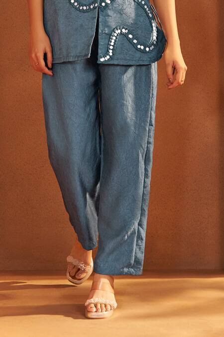Savaaya_Blue Silk Sequins Collared, V-neck Textured Blend Handwork Pant Set _Online_at_Aza_Fashions