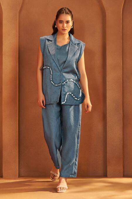 Shop_Savaaya_Blue Silk Sequins Collared, V-neck Textured Blend Handwork Pant Set _Online_at_Aza_Fashions