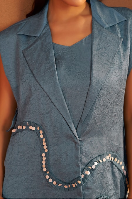 Savaaya_Blue Silk Sequins Collared, V-neck Textured Blend Handwork Pant Set _at_Aza_Fashions