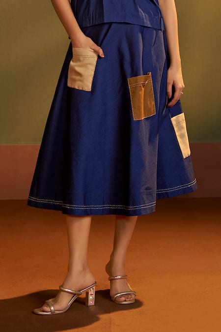Savaaya_Blue Denim Embroidery, Patchwork Split V-neck Pocket Top And Skirt Set _Online_at_Aza_Fashions