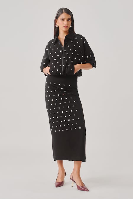 Aroka_Black Crepe Mirrors Collared, V-neck Midnight Bling Bomber Jacket _Online_at_Aza_Fashions