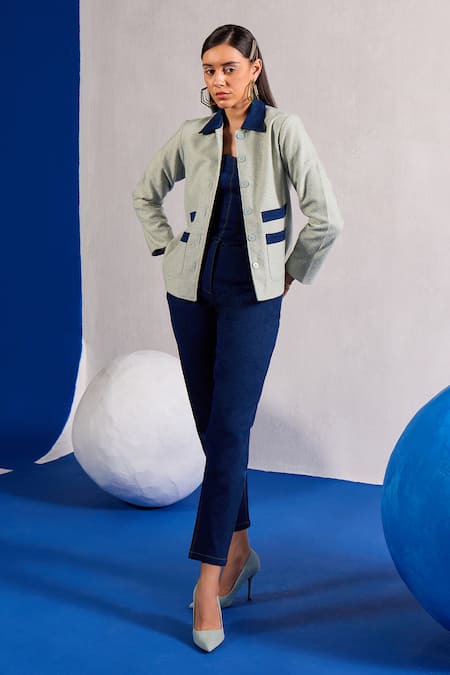 Shop_Zazu_Green Tweed, Denim Collared Nautical Contrast Panelled Jacket _Online_at_Aza_Fashions