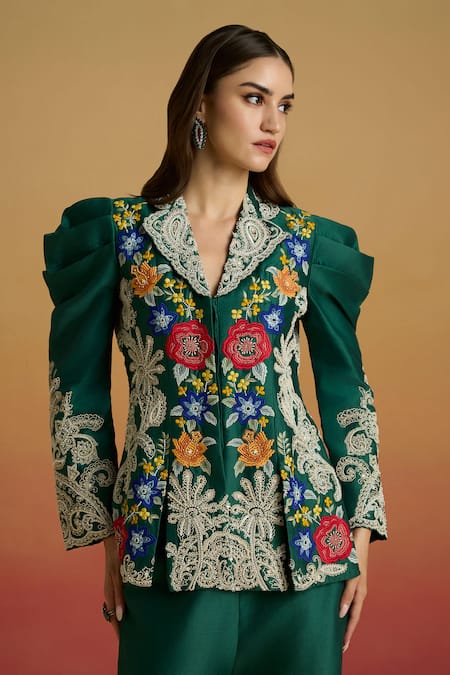 Chandrima Emerald Contrast Cord Work Panelled Jacket 
