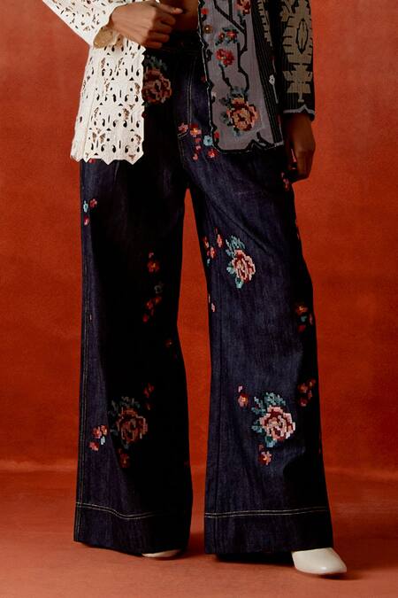 Buy_Jajaabor_Ivory Chanderi Silk, Denim Cut Work, Embroidery Colorblock Jacket And Pant Set 