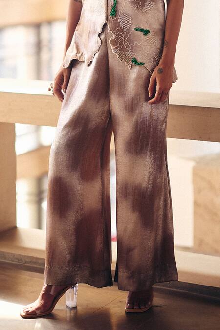 Buy_Studio Radical_Gold Silk Beads, Embroidery Round Neck Shimmer Terra Dash Jacket And Pant Set _Online_at_Aza_Fashions