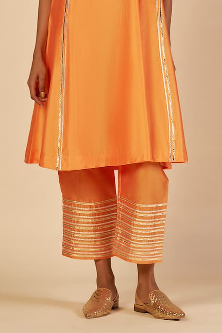 Buy_Gulabo By Abu Sandeep_Orange Chanderi Sequins, Zari Embroidered Trouser 