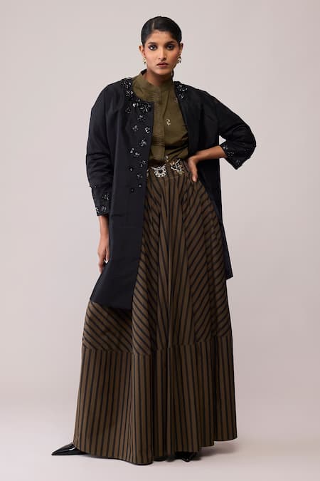 Bunka_Black Cotton Embroidery Round Neck Diana Long Jacket _at_Aza_Fashions