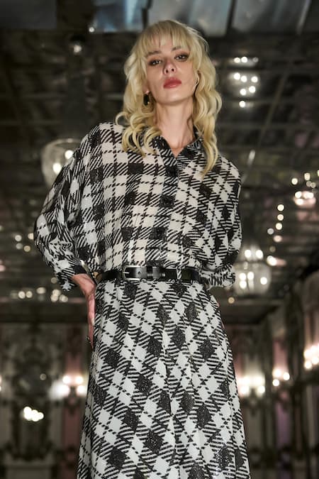 Dash And Dot Monochrome Sequin Work Draped Shirt 