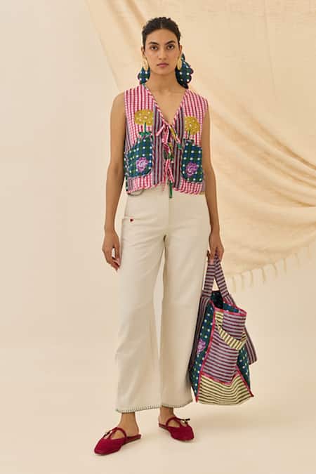 Jodi Pink Cotton Embroidery V-neck Lali Checkered Front Tie-up Waistcoat at Aza Fashions Jodi_Pink Cotton Embroidery V-neck Lali Checkered Front Tie-up Waistcoat _at_Aza_Fashions