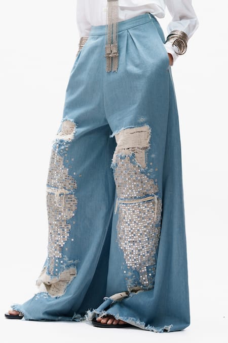 Buy AK-OK Blue Denim Mirrors, Patchwork Work Trouser Buy_AK-OK_Blue Denim Mirrors, Patchwork Work Trouser