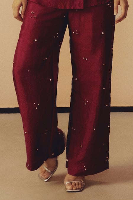Shop_Kavya Singh Kundu_Magenta Silk Beads Collared, V-neck Mason Hand Embroidered Shirt And Pant Set _Online_at_Aza_Fashions