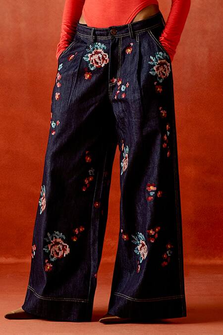 Buy Jajaabor Red Silk Organza, Denim Embroidery, Cut Work Open Neck Trench Jacket And Pant Set Buy_Jajaabor_Red Silk Organza, Denim Embroidery, Cut Work Open Neck Trench Jacket And Pant Set