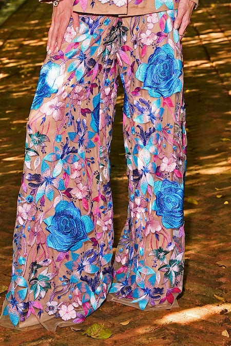 Buy_Dash And Dot_Multi Color Polyester Embroidery Floral Flared Pant 