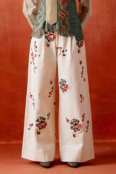 Jajaabor_Ivory Chanderi Silk, Denim Embroidery Collared, Open Neck Jacket Pant Set _at_Aza_Fashions