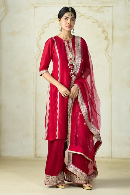 Gopi Vaid Embroidered Tussar Kurta & Palazzo Set 