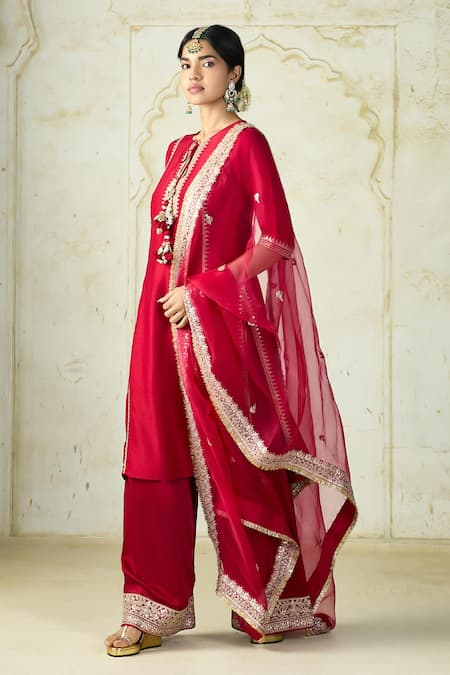 Gopi Vaid_Red Tussar, Linen, Satin, Organza Embroidery, Zari, Gota Kurta And Palazzo Set _at_Aza_Fashions