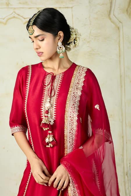 Shop_Gopi Vaid_Red Tussar, Linen, Satin, Organza Embroidery, Zari, Gota Kurta And Palazzo Set 