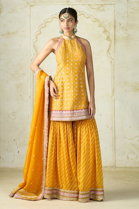 Gopi Vaid Embroidered Halter Neck Kurta & Sharara Set 