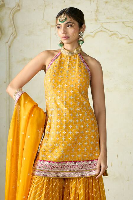 Buy Gopi Vaid Mustard Tussar, Organza Embroidery, Zari, Sequins Halter Kurta And Sharara Set Buy_Gopi Vaid_Mustard Tussar, Organza Embroidery, Zari, Sequins Halter Kurta And Sharara Set